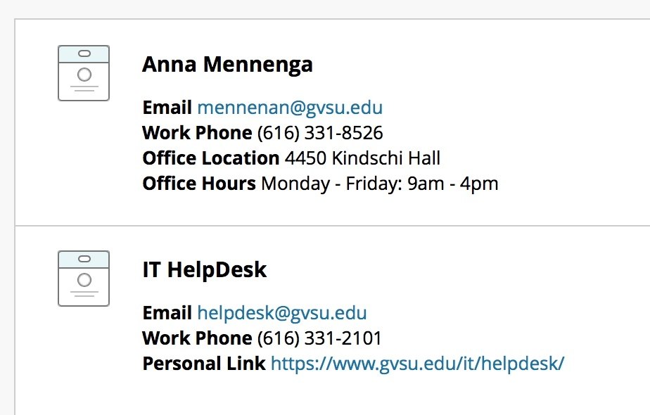 Example of contacts in Blackboard. Lists the name, email, phone, and office related information.